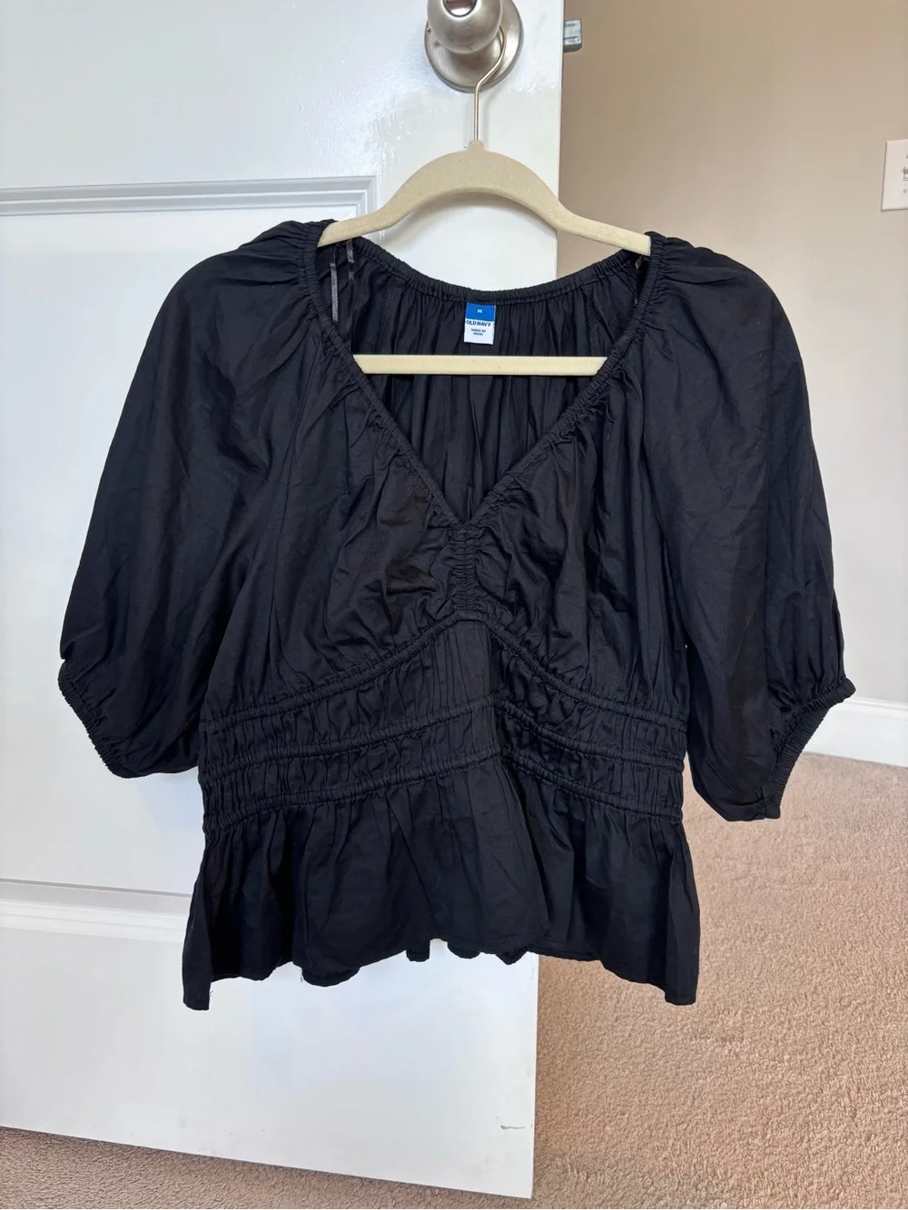 Old Navy Black Peasant Top with Smocked Waist